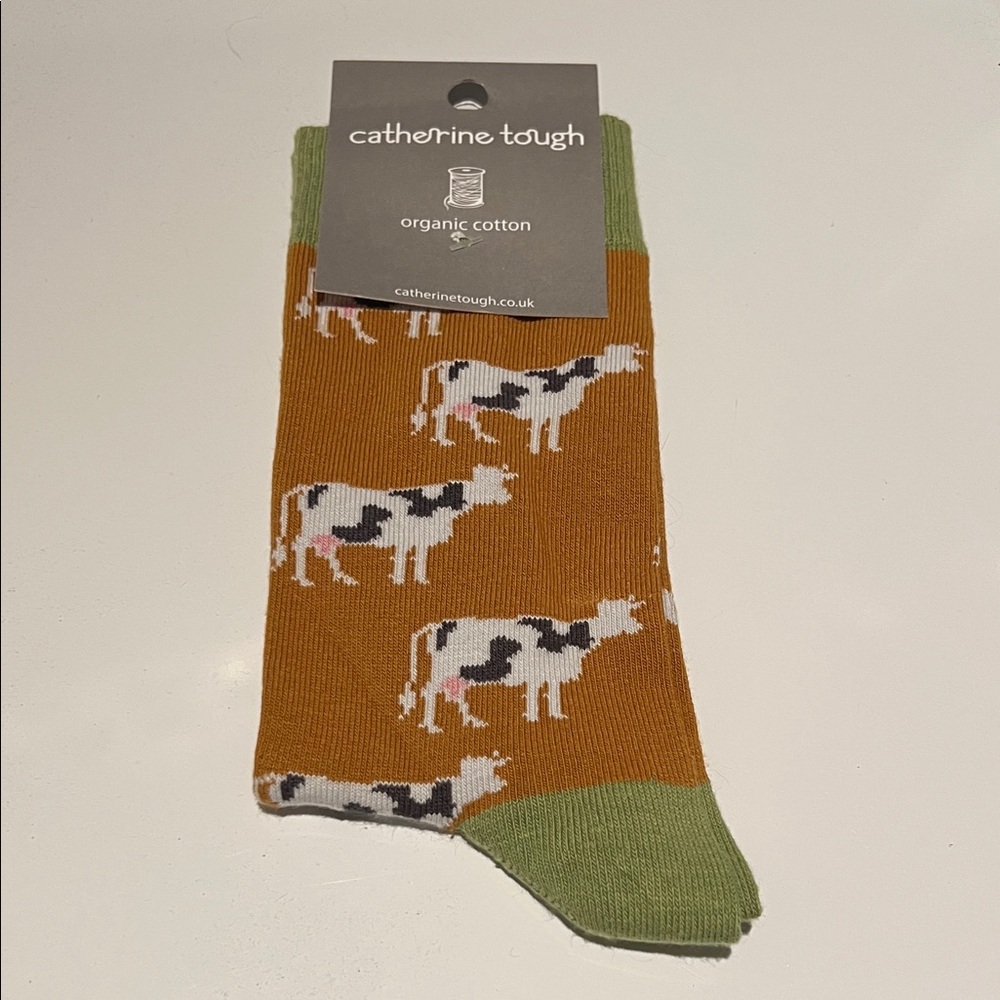 Organic Cotton Cow Print Socks - Green and burnt Orange / brown color